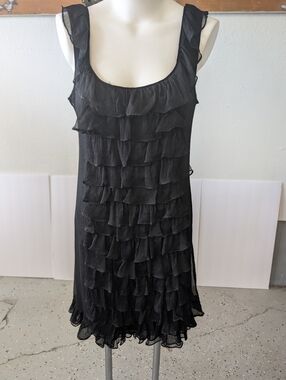 Vintage Bobbie Bee SILK 1980 Sleeveless Black Ruffle Tier Dress Loose Fit
